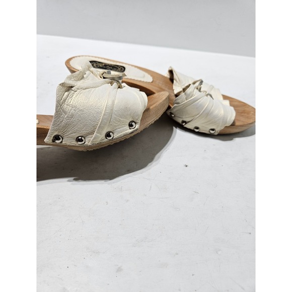Salpy Womens Wooden Clogs Mules White Leather Accent Platform Wedge Heels Size 6 - Picture 4 of 9
